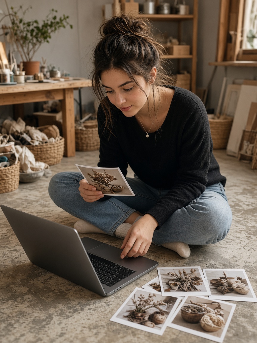 Maker reviewing project photos on a laptop